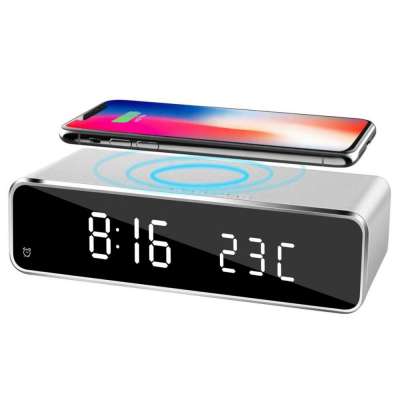 Thermometer Digital LED Mobile Phone Station Alarm Clock Wood Qi Fast Wireless Charger With Fast Charging Pad