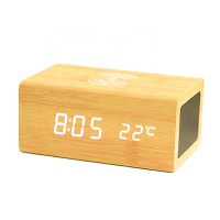 KH-WC061 Custom Logo QI Wooden Phone Wireless Charger with Speaker and Clock for Promotional Gift