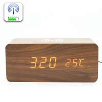 Fancy Fashion Home Decor Bedroom LED Wooden Alarm Clock With QI Wireless Mobile Phone Charger